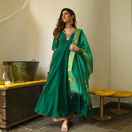 Embroidered Mehndi Green Crepe Un-Stitched Suit Set | NAAZ-835-006 |  Cilory.com